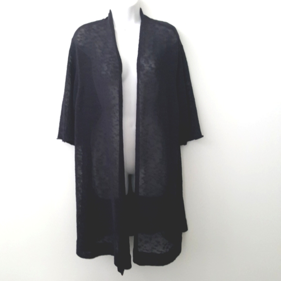 Navy Eileen Fisher Textured Linen Knit Blend Open Front Midi Cardigan Size 2X - Picture 10 of 14
